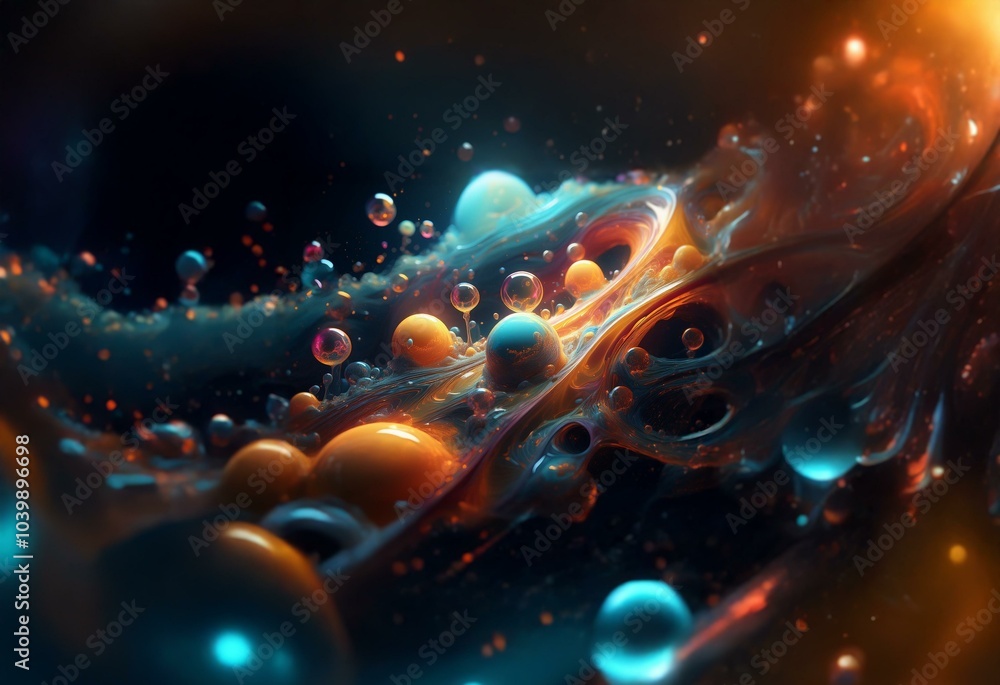 Abstract swirling liquid with glowing spheres in vibrant hues of blue, orange, and pink. Abstract swirling liquid with glowing spheres in vibrant hues of blue, orange, and pink.