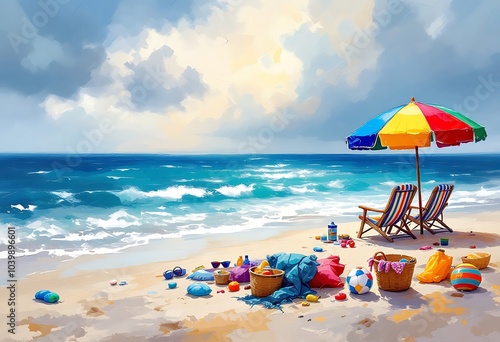 Wallpaper Mural Beautiful beach banner. Amazing beach landscape watercolor painting. White sand, chairs and umbrella travel tourism wide panorama background concept
 Torontodigital.ca