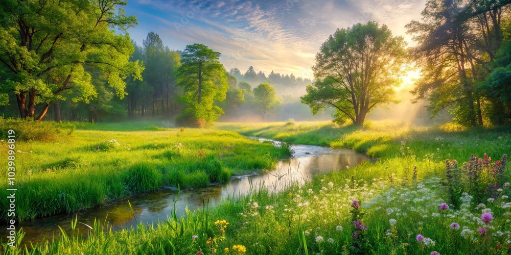 Fototapeta premium Morning Mist Envelops A Tranquil Meadow, Bathed In The Golden Light Of The Rising Sun, A Winding Creek Flows Through The Lush Landscape