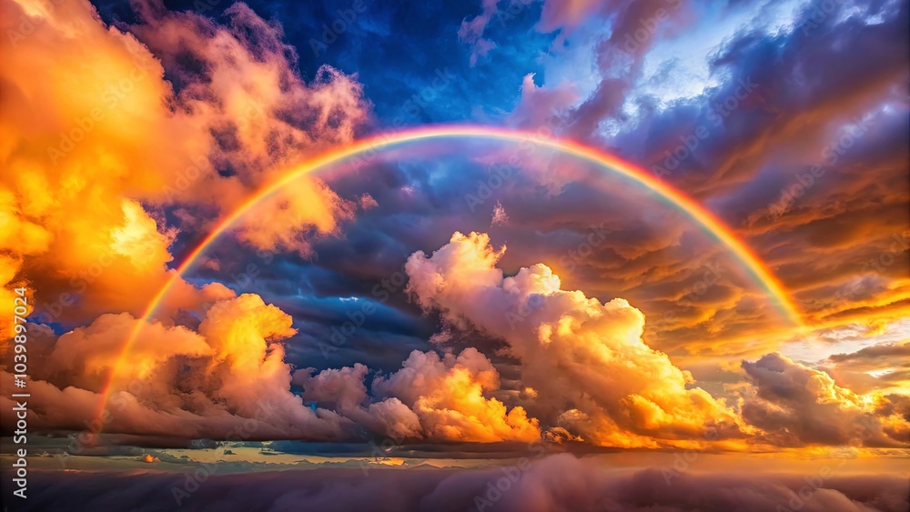 A radiant rainbow arches over a celestial tapestry of golden clouds and deep blue sky. A radiant rainbow arches over a celestial tapestry of golden clouds and deep blue sky.