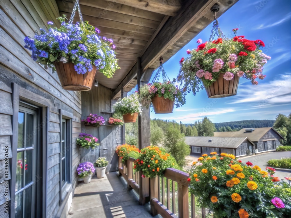 Fototapeta premium Country House Veranda Decorated with Colorful Flower Planters for a Charming Rural Aesthetic