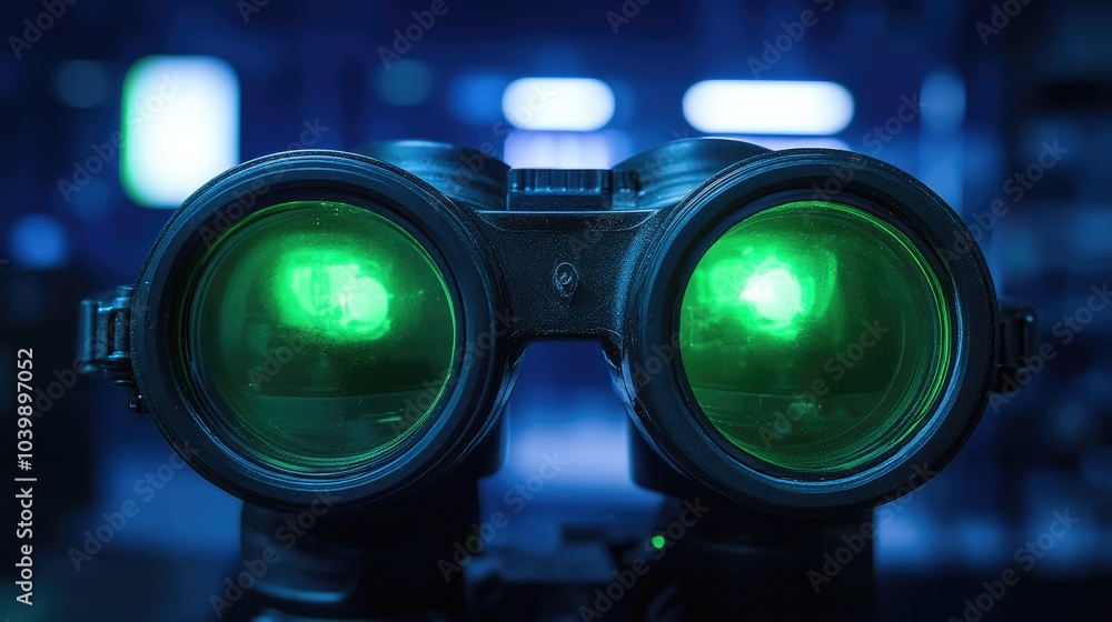 A pair of binoculars with glowing green lenses, close-up. A pair of binoculars with glowing green lenses, close-up.