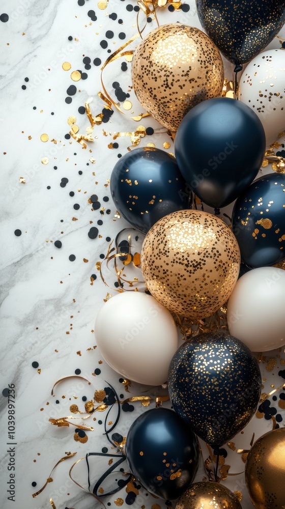 Black, Gold, and White Balloons with Confetti on Marble Background Black, Gold, and White Balloons with Confetti on Marble Background