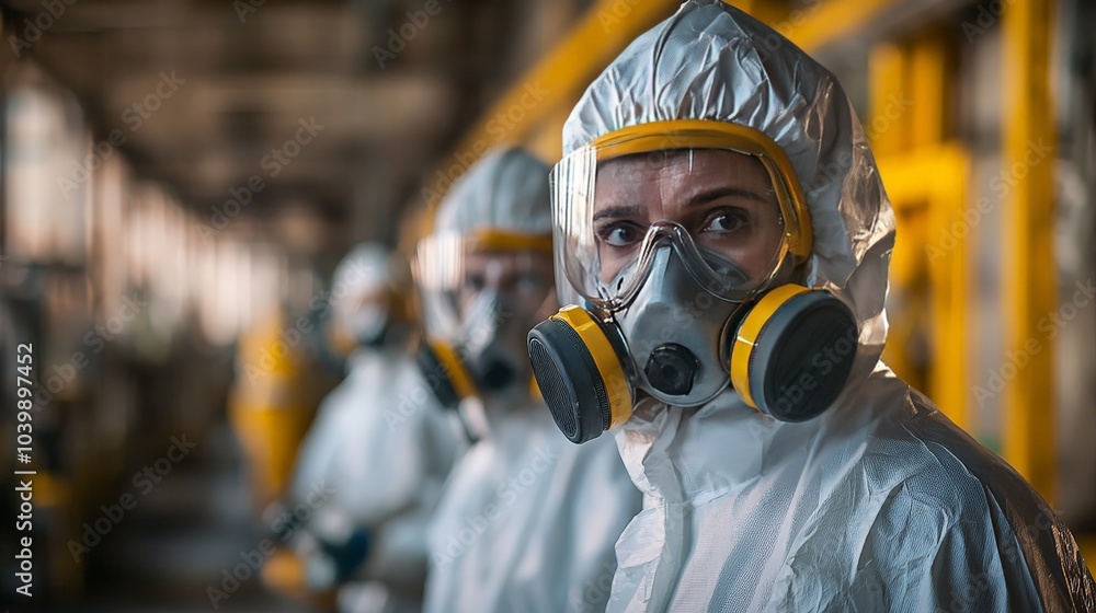 Workers in hazmat suits with gas masks Workers in hazmat suits with gas masks