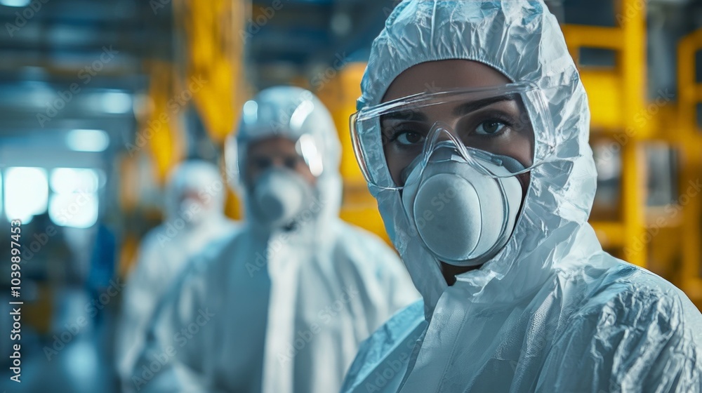 Industrial workers in full protective hazmat suits Industrial workers in full protective hazmat suits