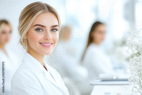 Smiling students wearing white attire share ideas during a group study session in a bright classroom