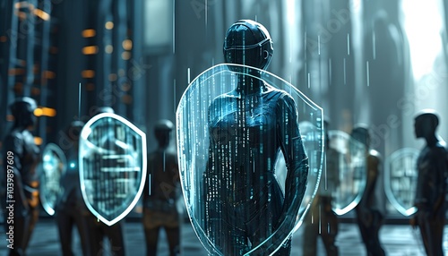 Wallpaper Mural Futuristic human figure protected by a digital shield, cybersecurity concept Torontodigital.ca