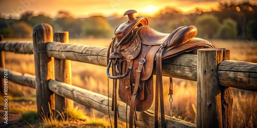 A worn leather saddle rests on a weathered wooden fence rail, the setting sun casting a warm glow on the rustic scene.