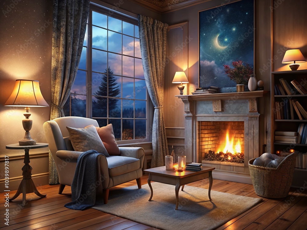 Fototapeta premium Cozy Bedroom with Fireplace and Plush Decor for Relaxation and Comfort