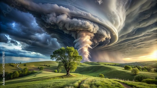 A solitary tree stands tall on a grassy hill, a silent witness to the swirling drama of a massive storm cloud above. photo