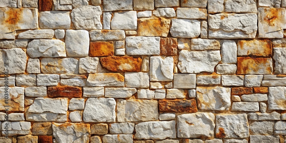 Fototapeta premium A rustic stone wall, with a pattern of diverse shapes and sizes, reveals a history of weathering and time, creating an intricate tapestry of color and texture.