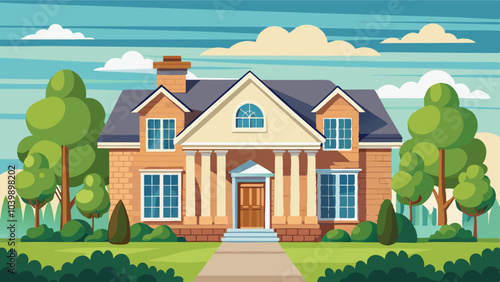 Stylish detached house in the suburbs, landscaped garden in the yard. A path leads to the front door. Vector cartoon illustration