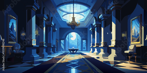 An empty corridor in a castle at night. Cartoon vector illustration