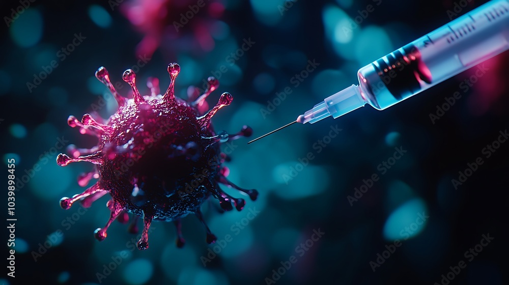 Medical syringe and virus cells in a COVID-19 themed photo. Medical syringe and virus cells in a COVID-19 themed photo.