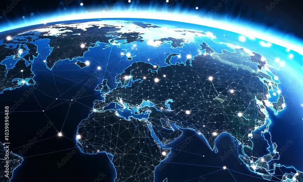 Network of global interactions video animation. Virtual world map with bright connection points animated footage HD clip seamless motion graphics. Worldwide connectivity concept