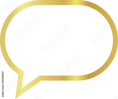3x2 aspect ratio gold metallic speech bubble with oval shape. Blank outline talk balloon with sharp, downward-pointing triangular tail on the left on transparent background. 