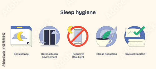 Sleep hygiene icons show consistency, reducing blue light, and stress reduction. Neubrutalism style