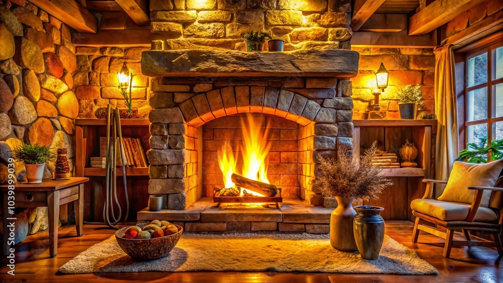 Cozy Fire in the Fireplace - Warmth of Burning Wood in a Panoramic View Cozy Fire in the Fireplace - Warmth of Burning Wood in a Panoramic View