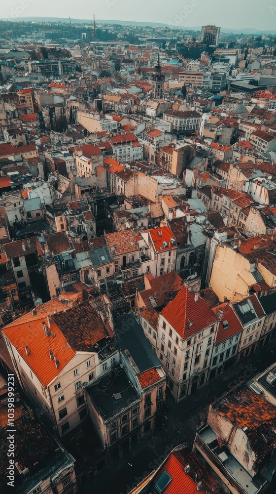 Aerial view of old european city with red tile roofs at sunset Aerial view of old european city with red tile roofs at sunset