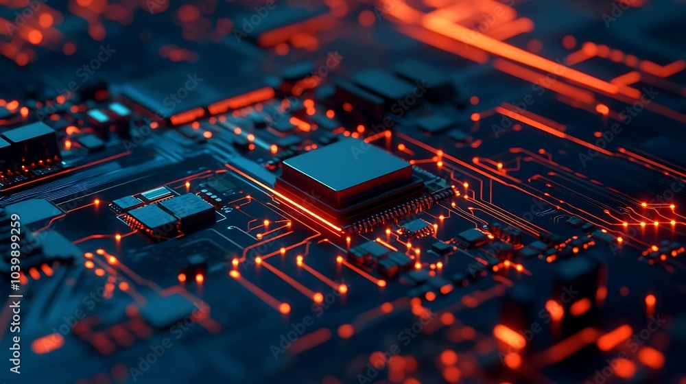 Digital illustration of computer processor on intricate circuit board background. Digital illustration of computer processor on intricate circuit board background.