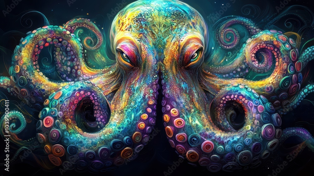 Vibrant Multicolored Octopus with Intricate Patterns and Textures in a Mesmerizing Underwater Scene Vibrant Multicolored Octopus with Intricate Patterns and Textures in a Mesmerizing Underwater Scene