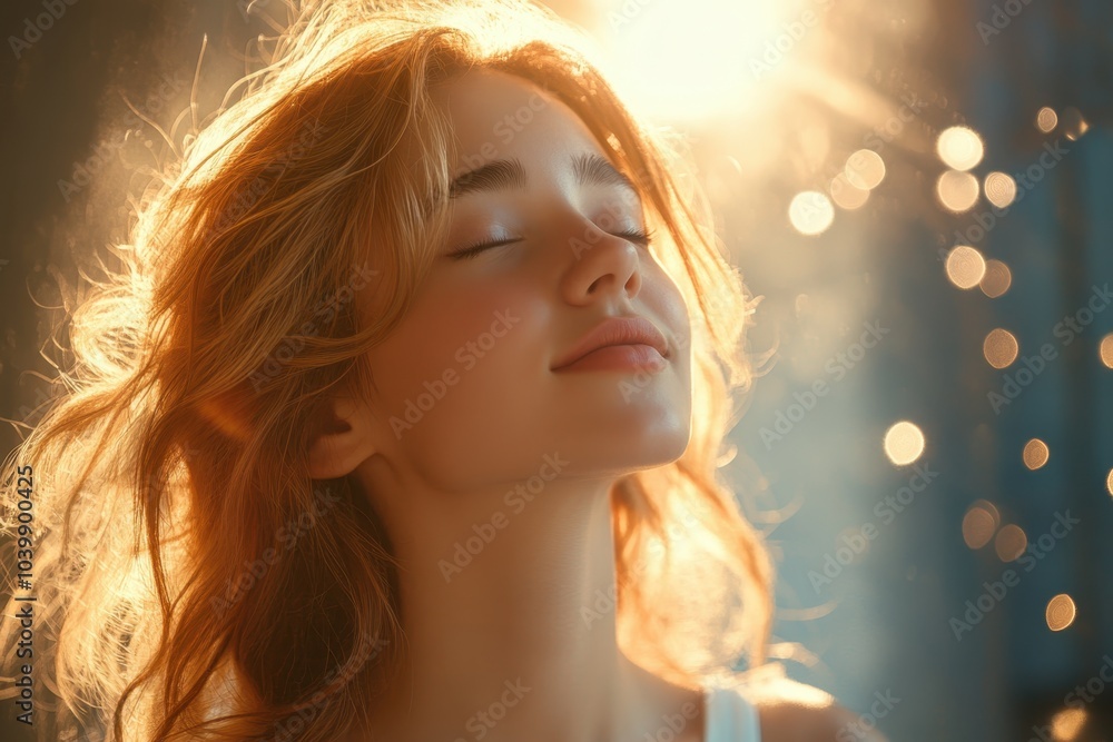 A young woman with wavy hair relaxes, basking in warm sunlight that fills the room A young woman with wavy hair relaxes, basking in warm sunlight that fills the room