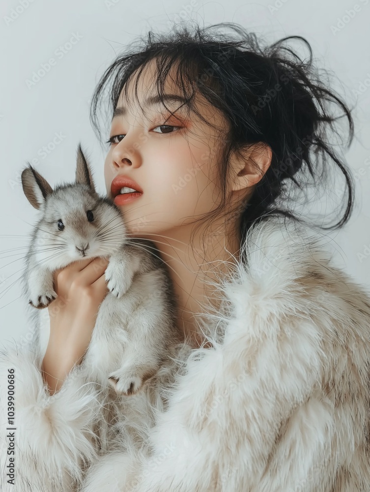 Asian woman in a faux fur coat holding a chinchilla in her hands Asian woman in a faux fur coat holding a chinchilla in her hands