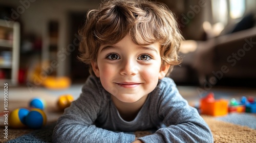A young boy is laying on the floor with a smile on his face