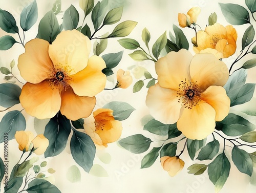 a watercolor-inspired floral bouquet illustration featuring soft yellow and green peony flowers, leaves, and branches set against a white background for a delicate touch