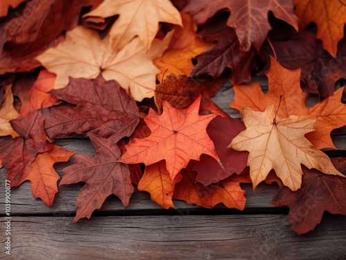 Close-up of Vibrant Fall Leaves on Rustic Weathered Wood, Autumn Colors, Nature Photography, Seasonal Beauty