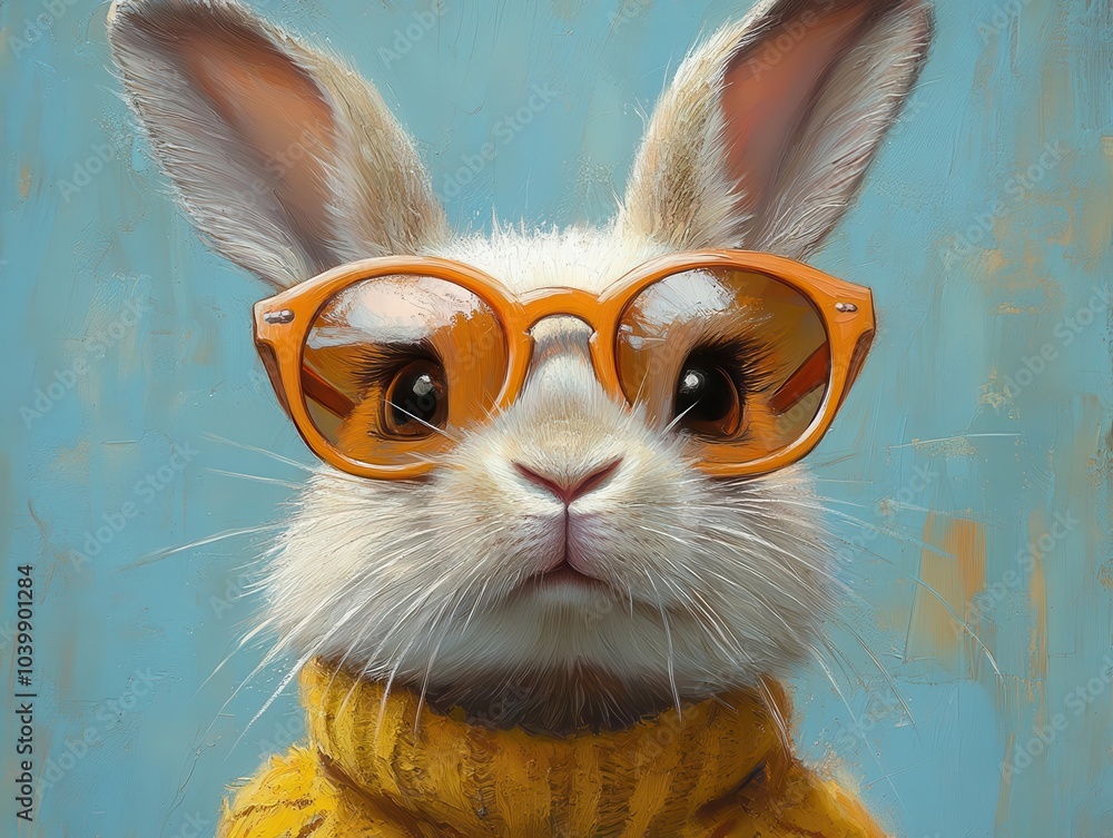a whimsical rabbit wearing trendy orange sunglasses poses playfully against a soft pastel blue background, inviting smiles and capturing a joyful, carefree spirit