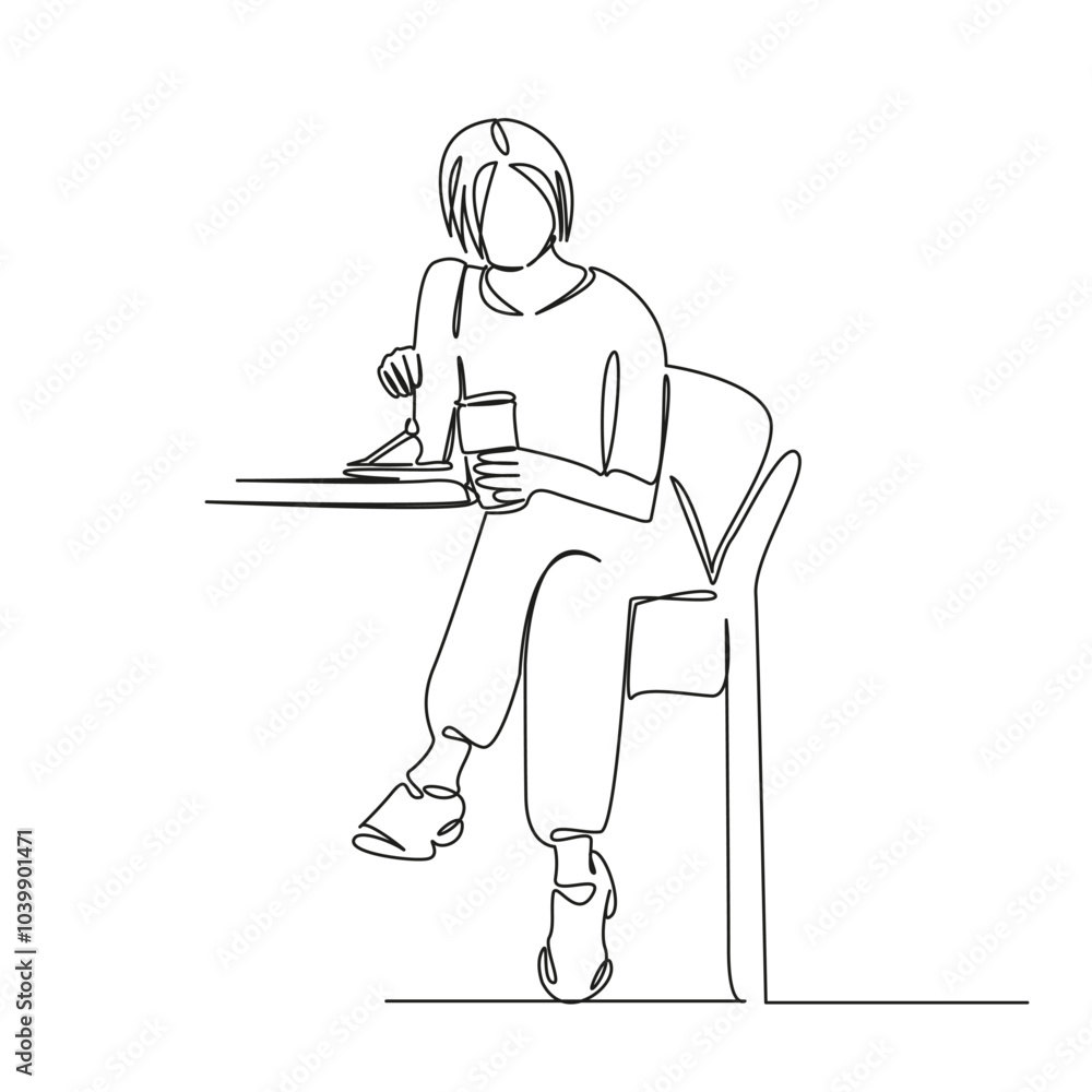 One continuous single drawing line art flat doodle person, cafe, female, woman, cake, girl, lifestyle, holding, sweet. Isolated image hand draw contour on a white background One continuous single drawing line art flat doodle person, cafe, female, woman, cake, girl, lifestyle, holding, sweet. Isolated image hand draw contour on a white background