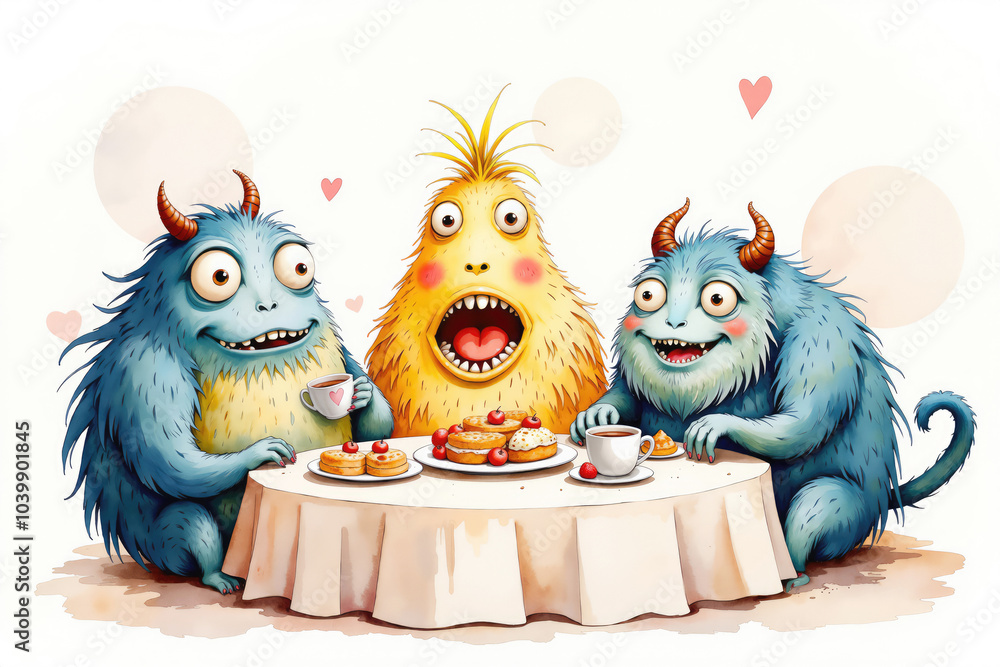 Three funny monsters having coffee break with cakes and laughing Three funny monsters having coffee break with cakes and laughing