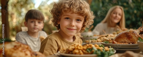 Happy Thanksgiving Family Gathering Kids Serving Delicious Food at a Festive Table Setting, Perfect for Holiday Traditions and Family Moments