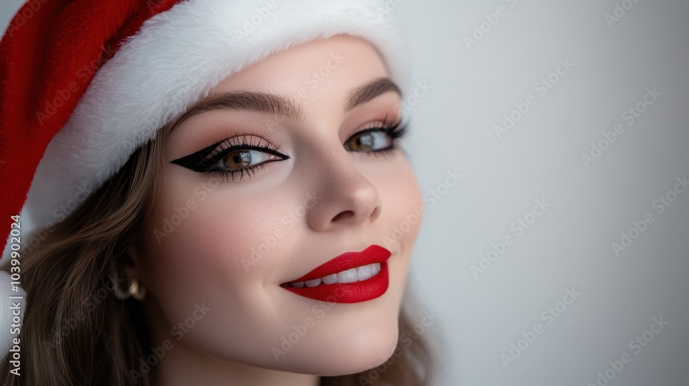 Festive Holiday Portrait of Woman in Santa Hat with Red Lipstick and Eyeliner Festive Holiday Portrait of Woman in Santa Hat with Red Lipstick and Eyeliner