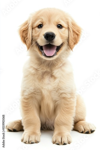 Golden retriever puppy sitting smiling happy dog.