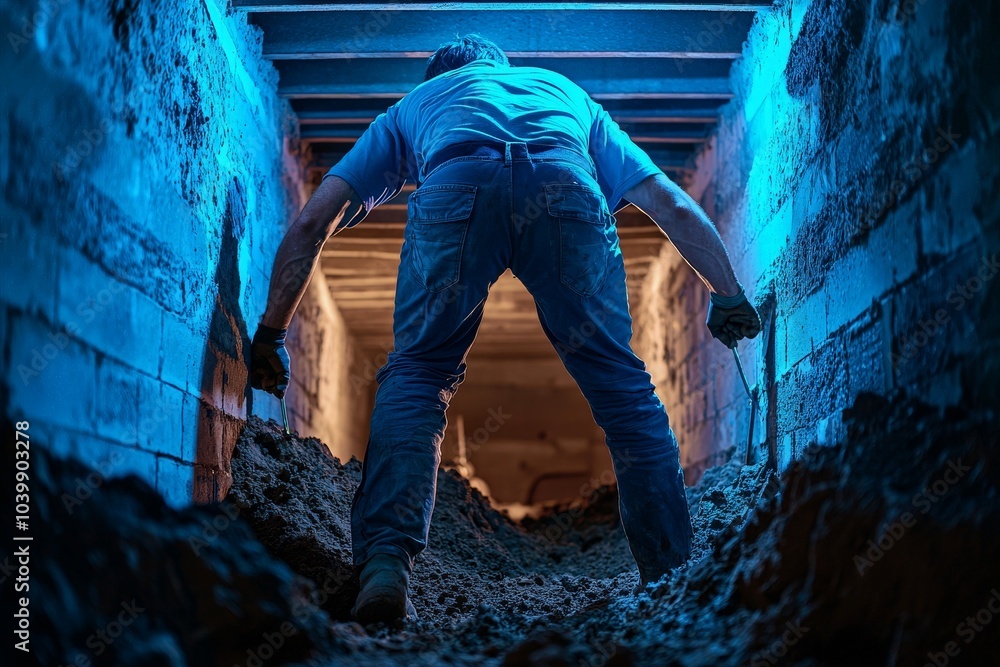 Plumber Working in Crawl Space Under a House Plumber Working in Crawl Space Under a House