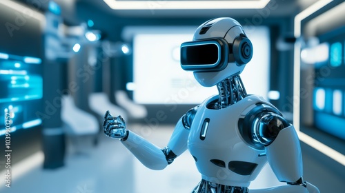 A futuristic robotic assistant providing virtual reality experiences in a high-tech entertainment center, clean and immersive environment with a focus on VR technology, Entertainment style