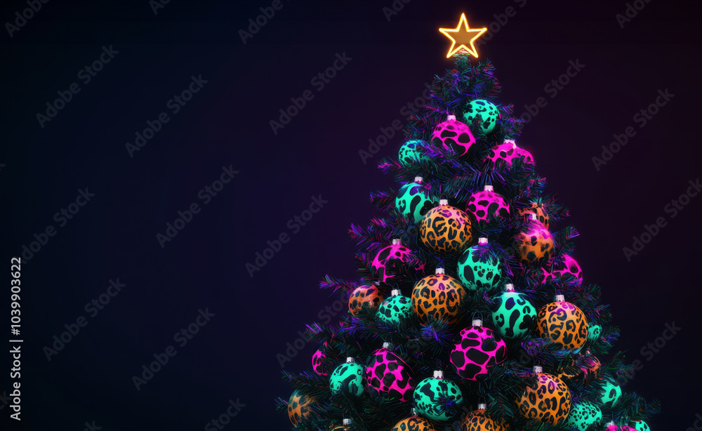 Obraz premium Vibrant Neon Skulls Adorn Festive Christmas Tree Against Dark Background