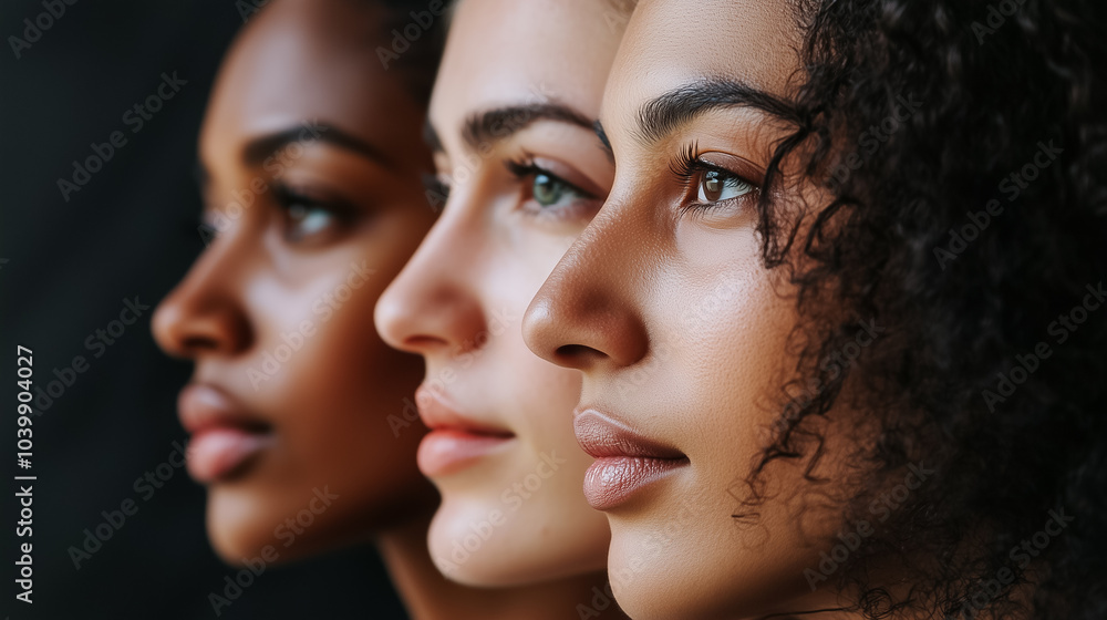 Three women displaying diverse features highlight unity and strength through their expressive profile perspectives Three women displaying diverse features highlight unity and strength through their expressive profile perspectives