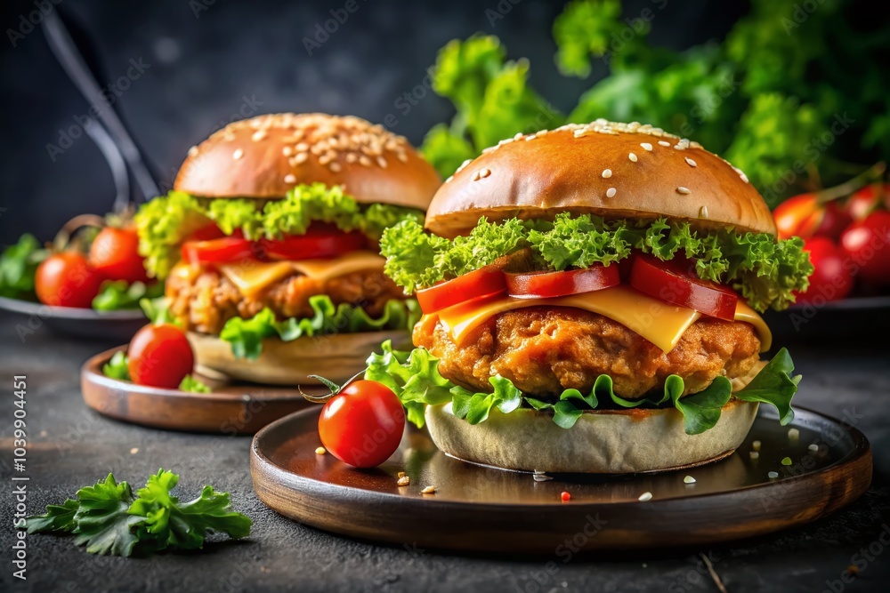 Crispy Chicken Burgers on Black Plates - Delicious Fast Food Photography for Culinary Enthusiasts Crispy Chicken Burgers on Black Plates - Delicious Fast Food Photography for Culinary Enthusiasts