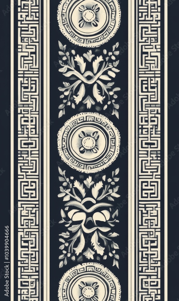 White Greek key border with ornate details. White Greek key border with ornate details.