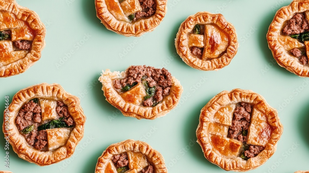 A pattern of mini meat pies on a blue background. A pattern of mini meat pies on a blue background.