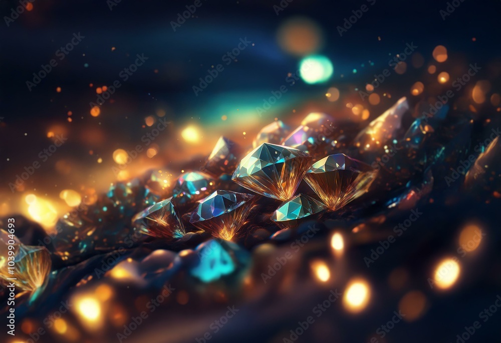 Closeup of vibrant iridescent diamonds nestled in a bed of dark, textured material with sparkling lights. Closeup of vibrant iridescent diamonds nestled in a bed of dark, textured material with sparkling lights.