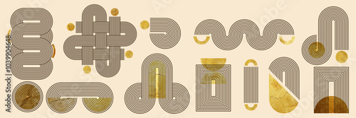 Set of abstract geometric shapes and zen arch with stripe pattern and golden texture. Vector elements in trendy boho aesthetic.