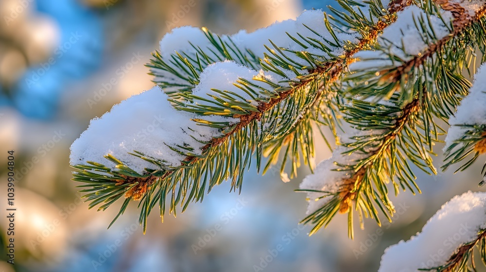 Close-up of a pine tree branch covered in snow during winter Close-up of a pine tree branch covered in snow during winter