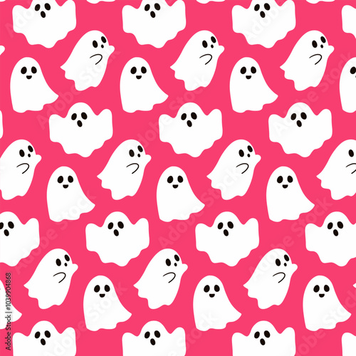 Seamless pattern with cute ghosts on pink. Halloween background design. Repeating print for fabric, wrapping paper, textile