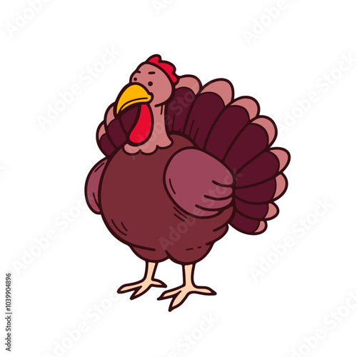 Cute colored turkey doodle. Happy Thanksgiving festive character. Bird for invitation, greeting cards. Vector hand drawn doodle illustration.