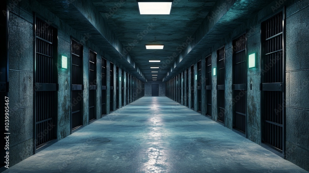 Dimly Lit Empty Prison Corridor with Metal Bars Dimly Lit Empty Prison Corridor with Metal Bars