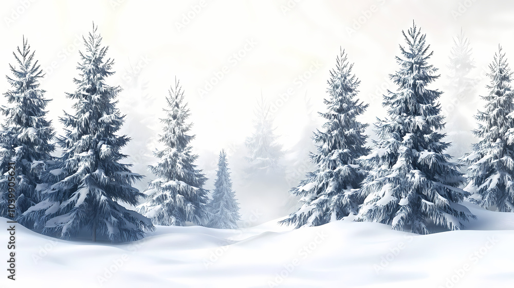 Fototapeta premium Winter forest silhouettes of fir trees and spruces with wood tree background.